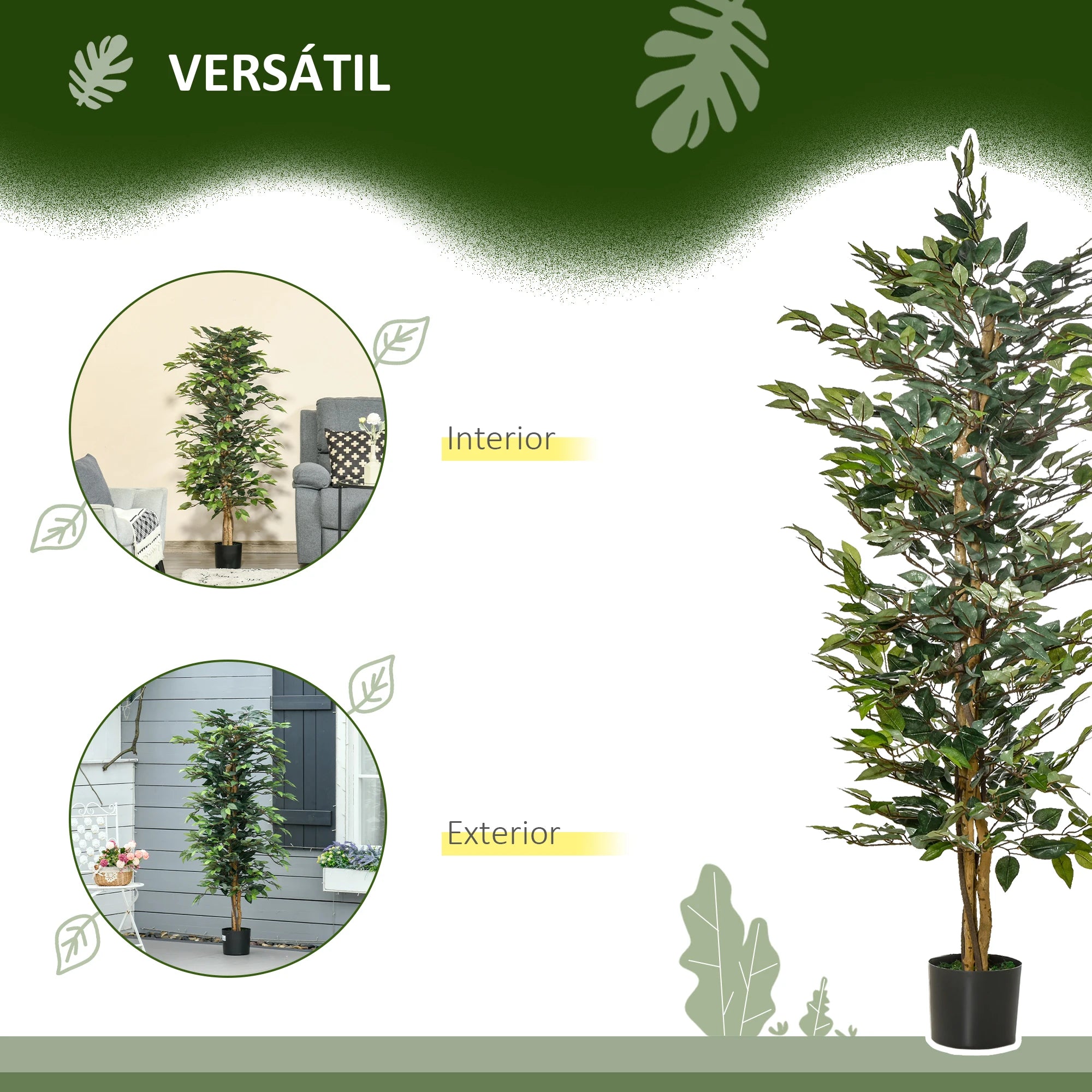 ficus artificiel avec pots en bûches et 1008 feuilles vertes - vue 6 sur 7