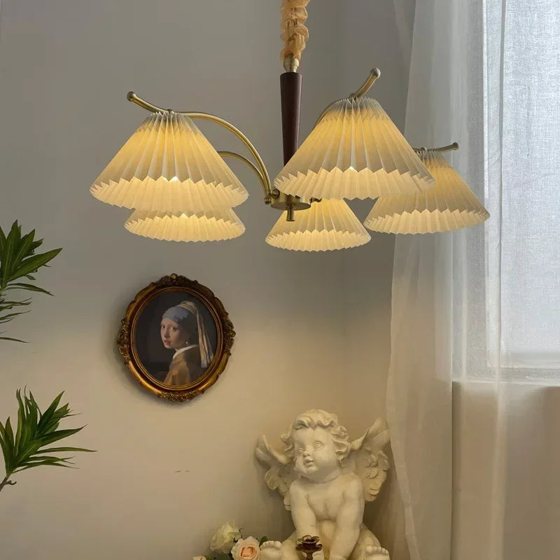 lustre suspendu nordique rétro abat-jour en tissu plissé lampe décorative - vue 4 sur 11