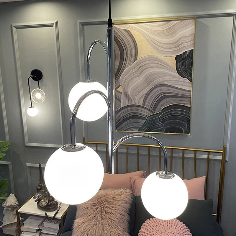 lustre boule de verre scandinave avec tige et câble de suspension - vue 5 sur 8