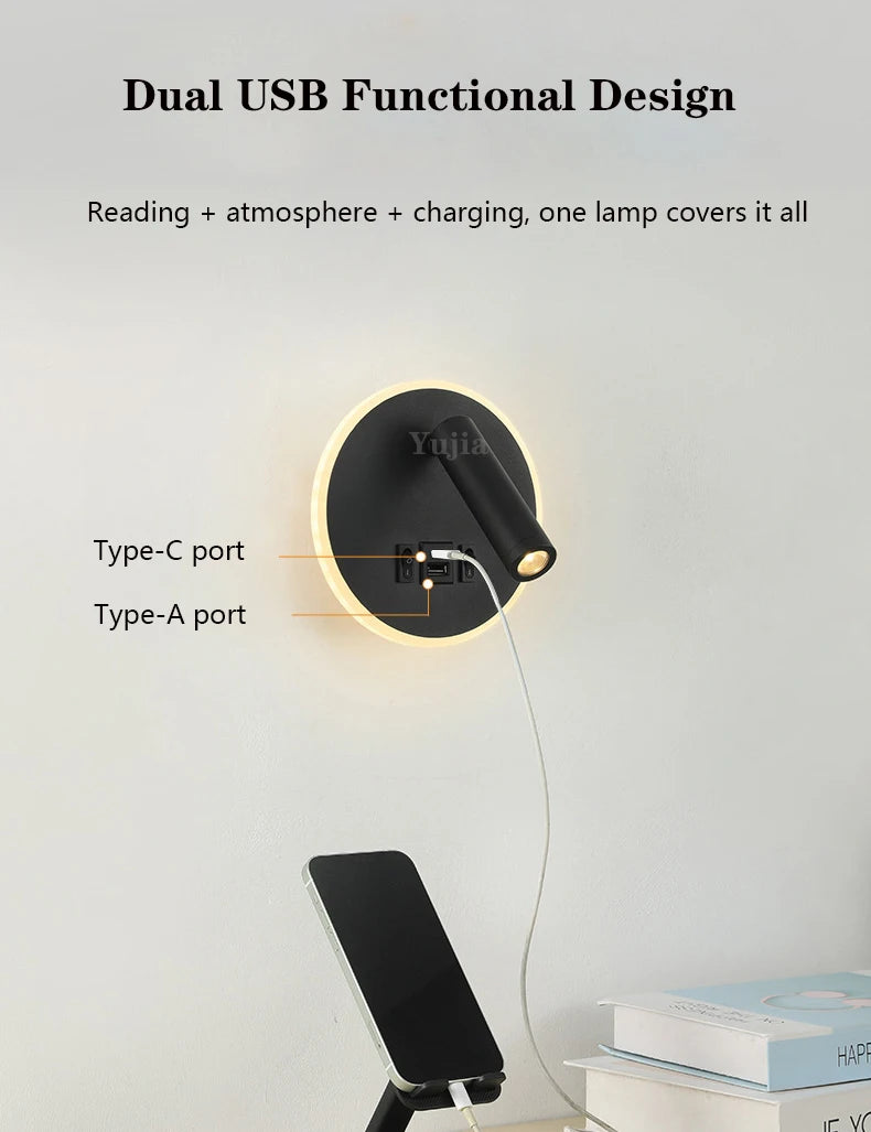applique murale moderne avec ports usb et lampes de lecture réglables - vue 6 sur 16