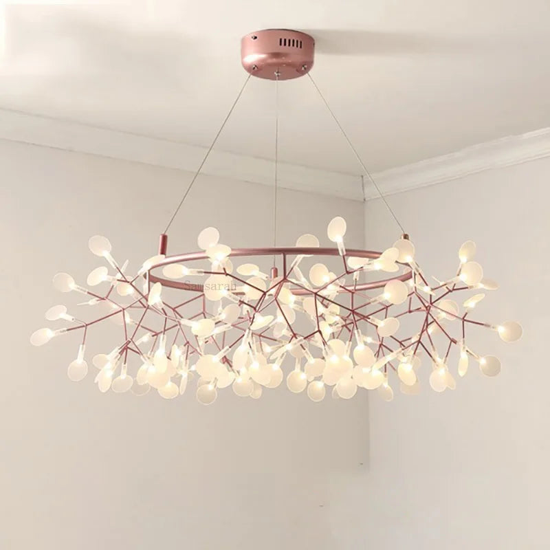 2024 Nordic Hanging Living Room Chandelier Large Modern Kitchen Firefly Lamp Rose Gold Black Branch Round Chandelier Lighting - vue 1 sur 9