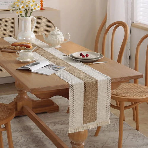 Chemin de table bohème coton lin beige pompons