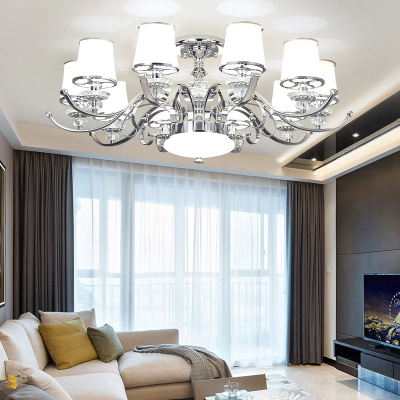 lustre chromé moderne à abat-jours blancs - vue 3 sur 16