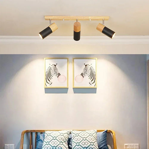 plafonnier en bois avec projecteur rotatif réglable décoratif - vue 3 sur 17