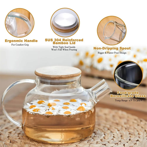 théière en verre avec filtre amovible couvercle bambou - vue 5 sur 7