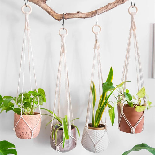 support de plante en macramé suspendu fait main en coton naturel - vue 2 sur 23