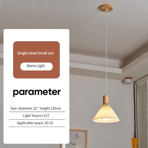 suspension moderne en tissu plissé avec base en bois