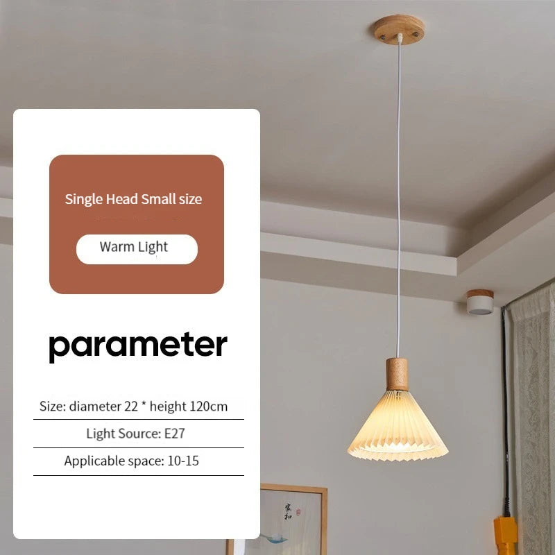 suspension moderne en tissu plissé avec base en bois