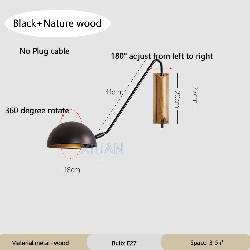 Nordic Bedroom Bedside Wall Lamps Plug In Wall Sconce Black White Iron Lampshade Swing Long Arms Wall Mounted Light E27 - vue 12 sur 14