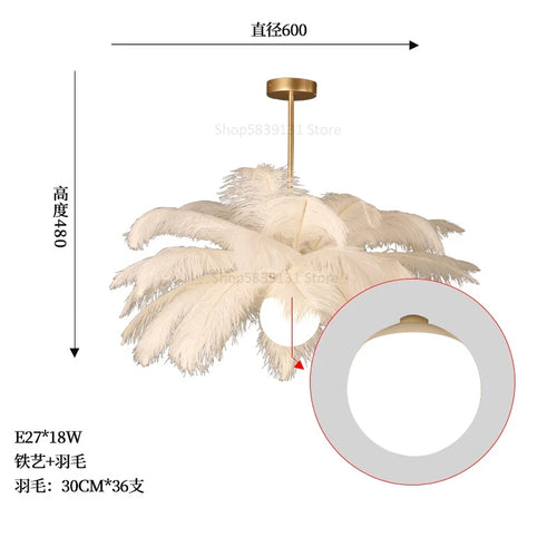 luminaire suspendu luxe plume d'autruche led style nordique - vue 11 sur 13