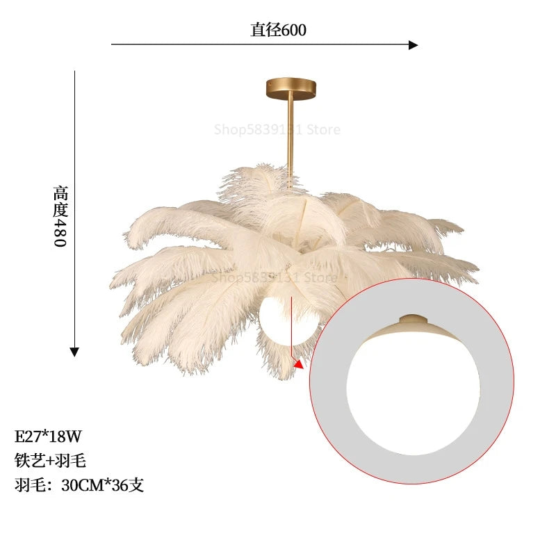 luminaire suspendu luxe plume d'autruche led style nordique - vue 11 sur 13