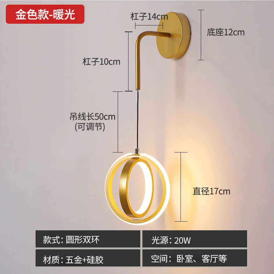 applique murale led moderne de luxe avec anneau doré décoratif d'intérieur - vue 8 sur 18