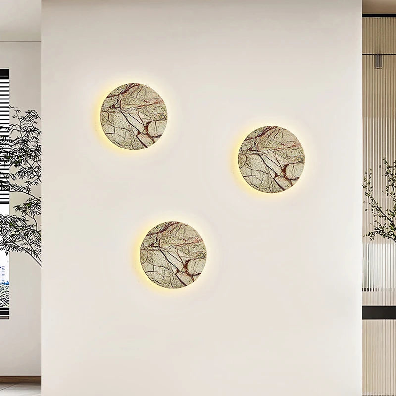 Applique murale atmosphère artistique circulaire en marbre décoratif moderne Wabi Sabi luxe hôtel Villa chevet couloir LED - vue 3 sur 8