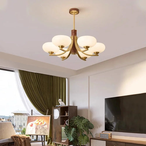 Walnut Wood Glass Brass, Wabi-sabi Modern Vintage style, chandelier lights for Living room, Bedroom, dining room, study - vue 3 sur 6