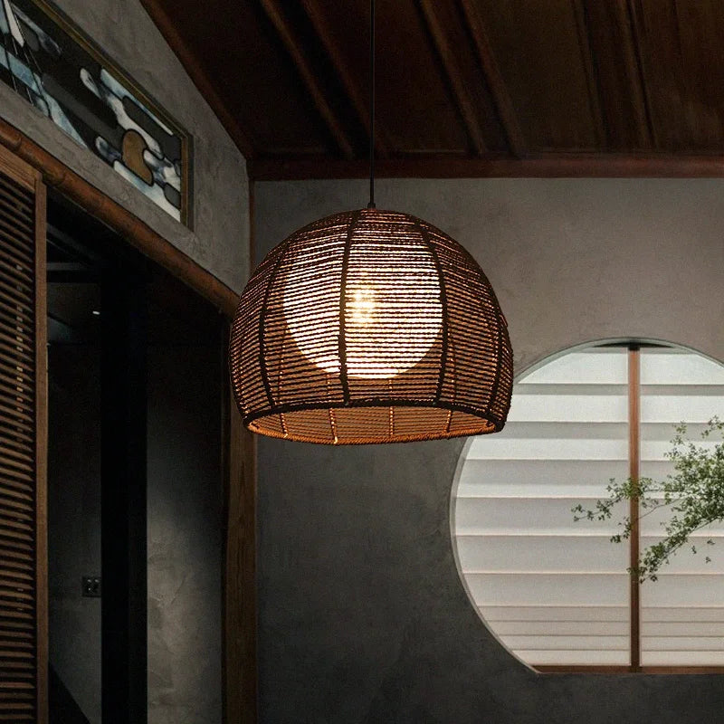 Hand-woven hemp rope chandelier stylish simple bedroom lamp balcony restaurant teahouse homestay decoration chandelier - vue 5 sur 11