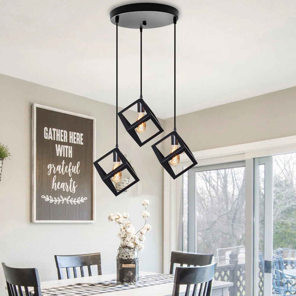 Black Geometric Pendant Lighting Modern Square Hanging Light Ceiling Fixture for Kitchen Island, Foyer, Hallway, Bedroom E27 - vue 5 sur 8