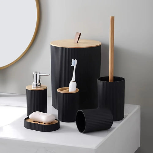 ensemble de rangement 6 pièces en plastique et bambou pour salle de bain - vue 7 sur 6
