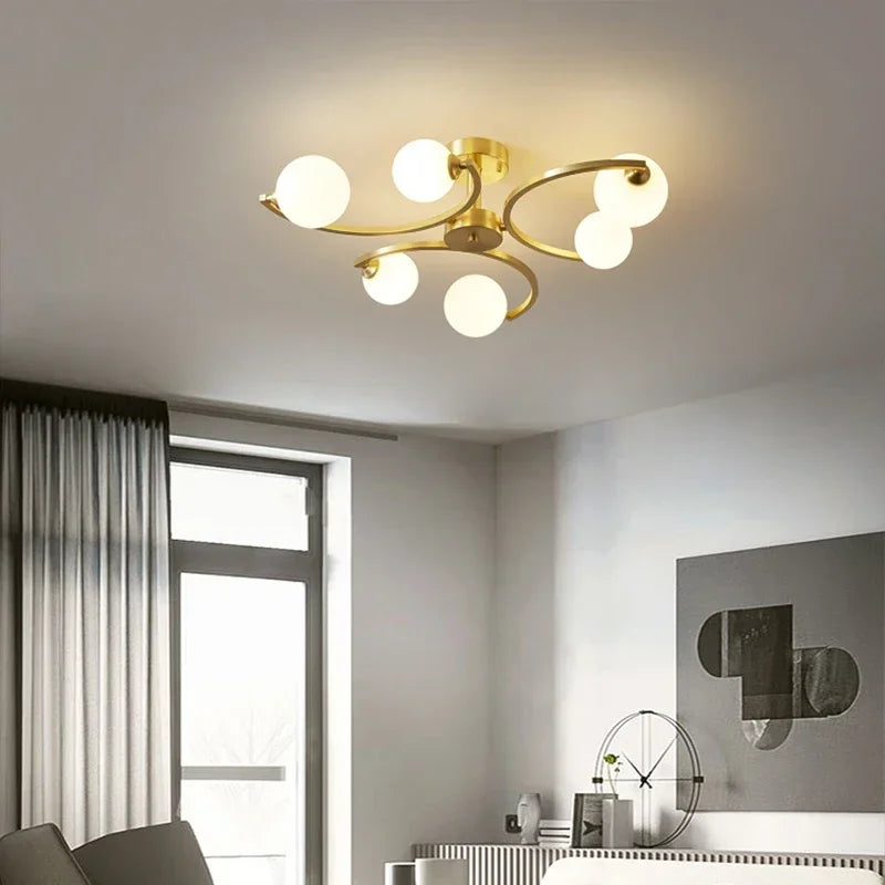 plafonnier moderne en cuivre doré avec boule de verre et led - vue 4 sur 10