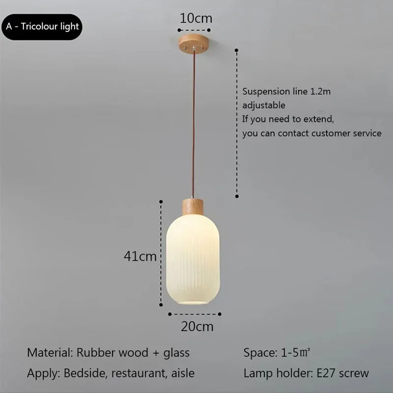 Suspension à rayures en verre blanc nordique lustre de Restaurant en bois Simple pour salle à manger cuisine chevet lampe suspendue au plafond - vue 4 sur 9