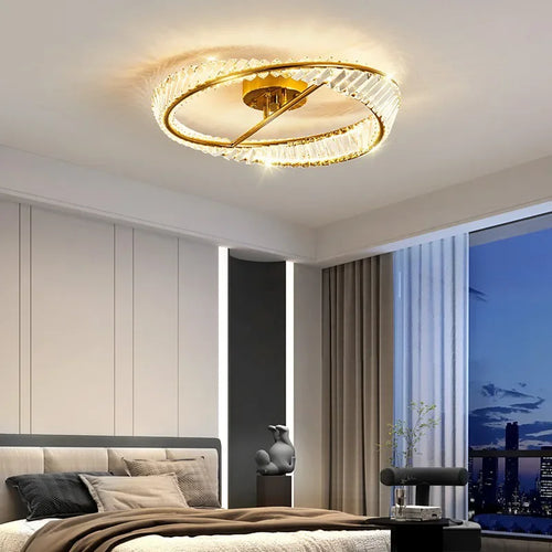 lustre moderne à leds dimmable en anneaux de cristal - vue 3 sur 9