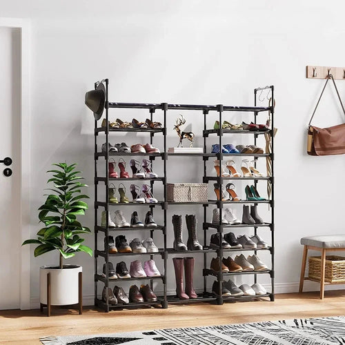 étagère à chaussures en métal double rangée avec crochets polyvalente - vue 2 sur 9