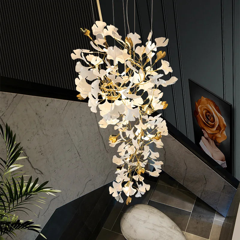 Ginkgo feuille cage d'escalier long lustre lumière atmosphérique villa de luxe duplex bâtiment loft hall d'hôtel lampes d'art créatives - vue 3 sur 20