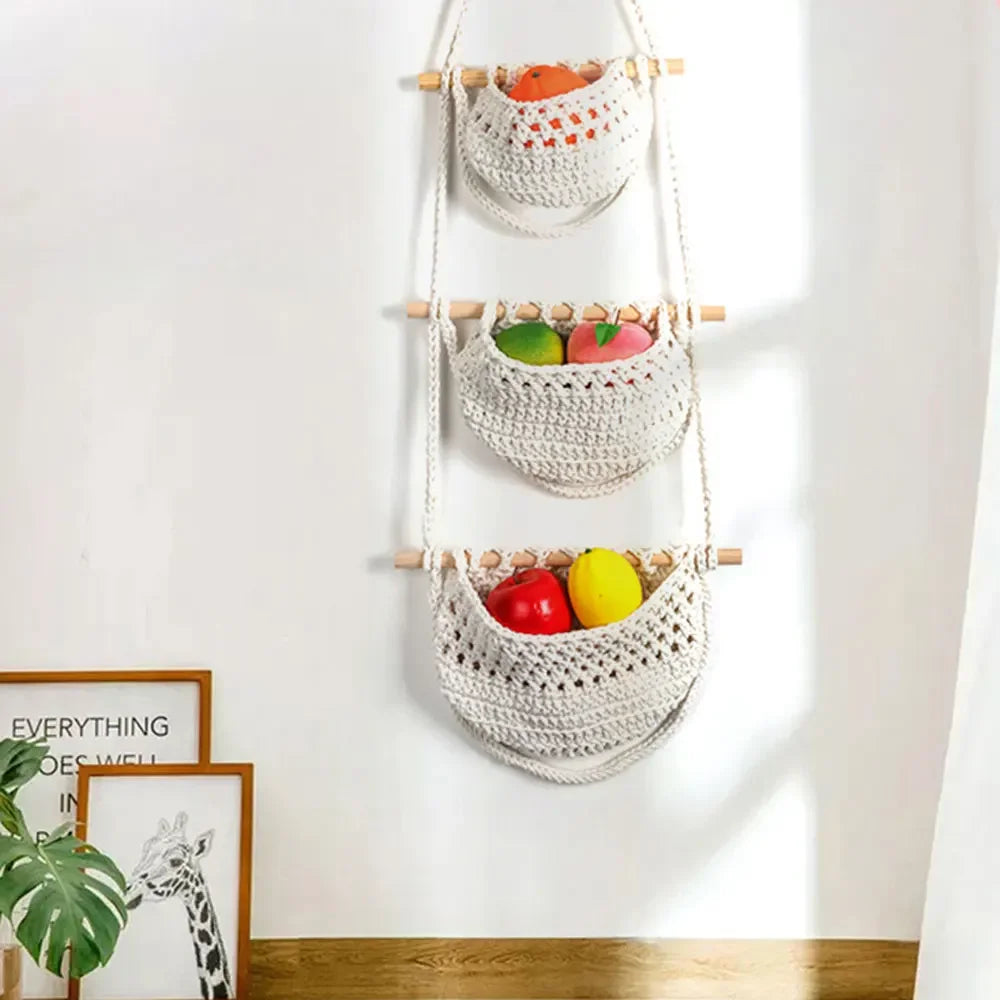 paniers suspendus en macramé lot de trois niveaux de rangement - vue 6 sur 9