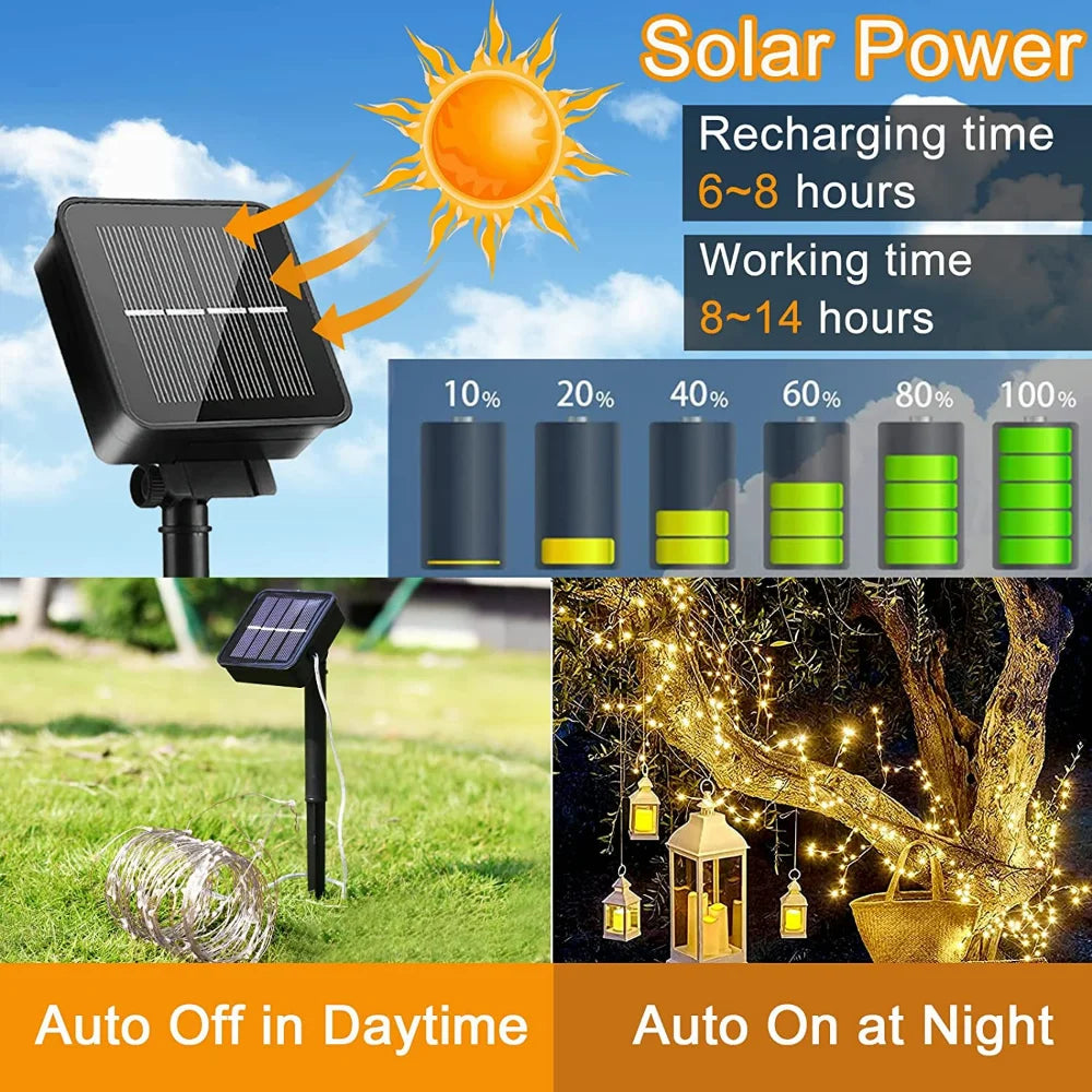 guirlandes lumineuses solaires étanches 300 led 8 modes fil cuivre - vue 5 sur 12
