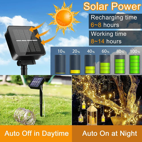 guirlandes lumineuses solaires étanches 300 led 8 modes fil cuivre - vue 6 sur 12