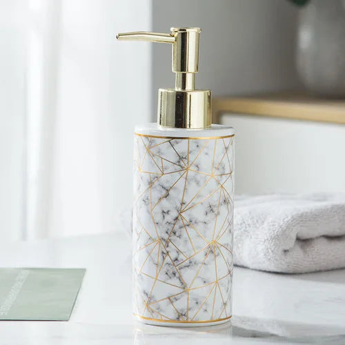 distributeur de savon en céramique avec pompe dorée pour salle de bain - vue 8 sur 17