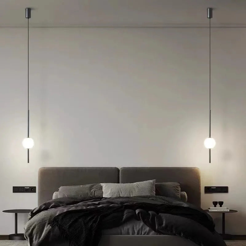 Nordique LED simple boule de verre lustre chambre chevet longue ligne lampes suspendues restaurant moderne décoration intérieure lampe lustre - vue 6 sur 10