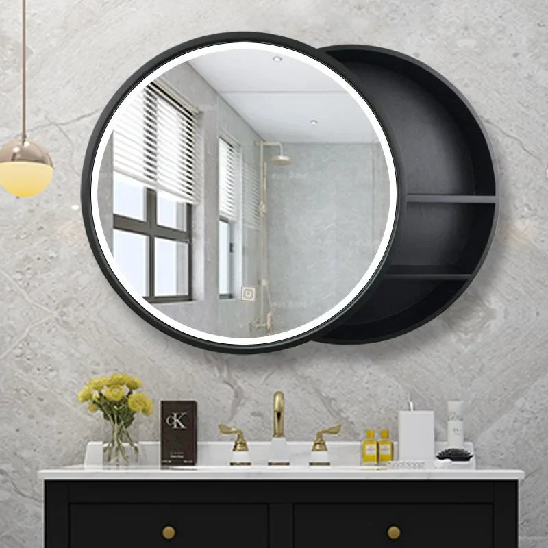 armoire de rangement murale avec miroir décoratif rond - vue 6 sur 8