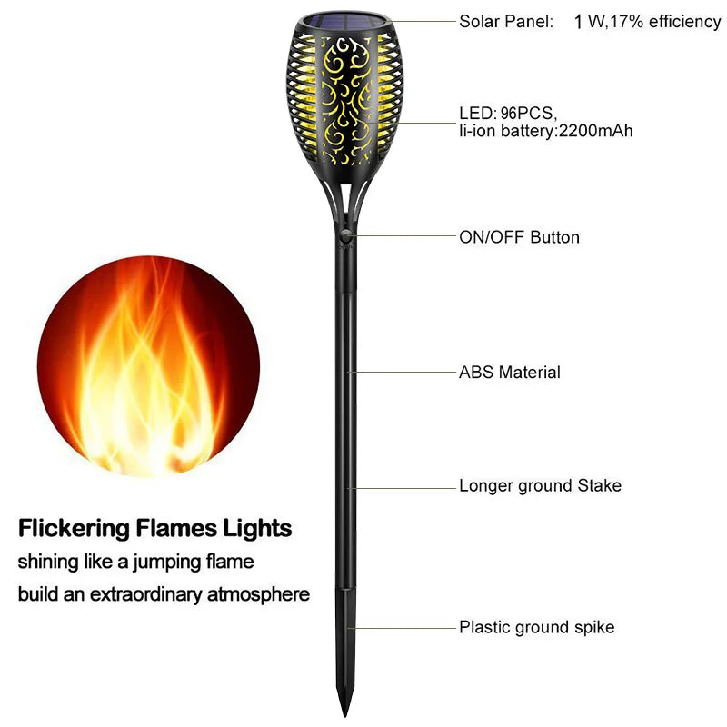 lampe solaire extérieure 96 led torche vacillante pour jardin et patio - vue 3 sur 11