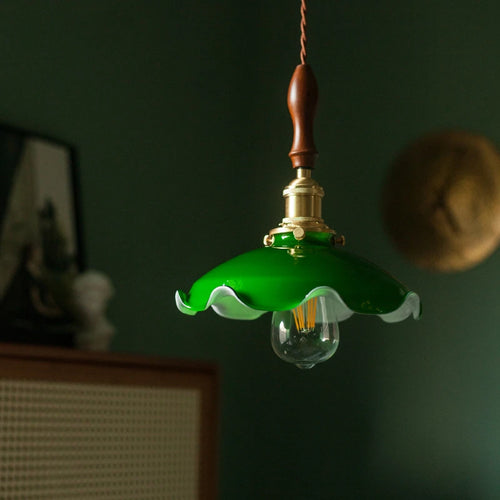 Suspension vintage style américain en cuivre bois et verre - vue 3 sur 30