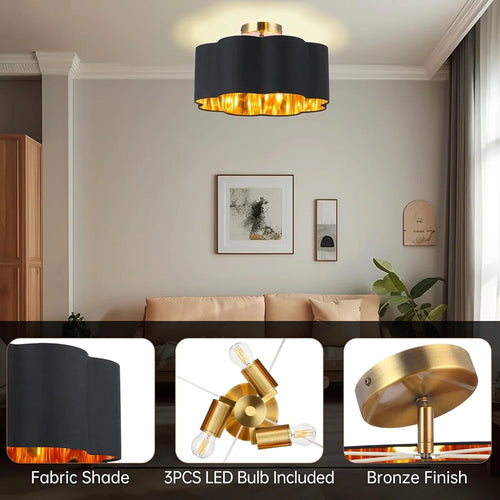 E27 pétale 3 lumières semi-encastré plafonnier tissu abat-jour pour chambre d'enfants chambre cuisine couloir entrée avec ampoule - vue 3 sur 9