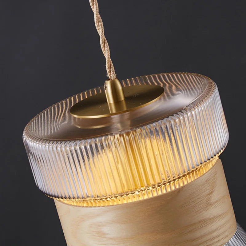 suspension moderne en verre bois et cuivre réglable - vue 5 sur 14