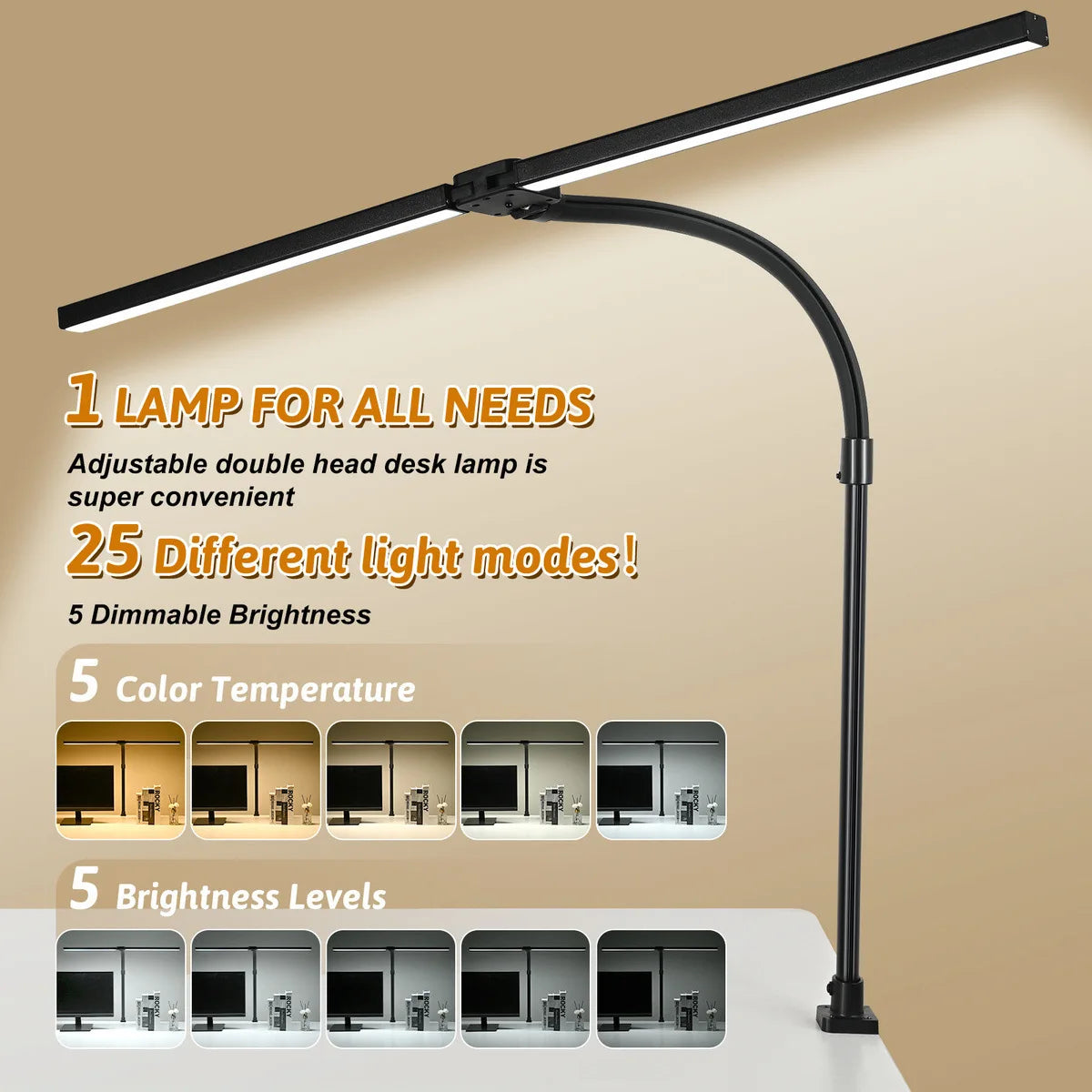 lampe de bureau à double tête à pince led adjustable - vue 4 sur 8