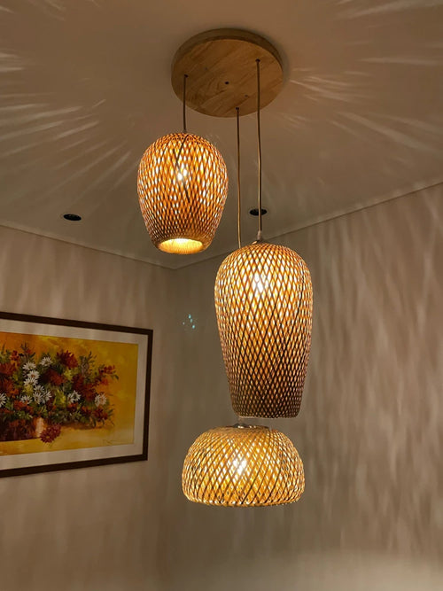 lustre style chinois fait main en bambou tissage pastoral vintage - vue 6 sur 30