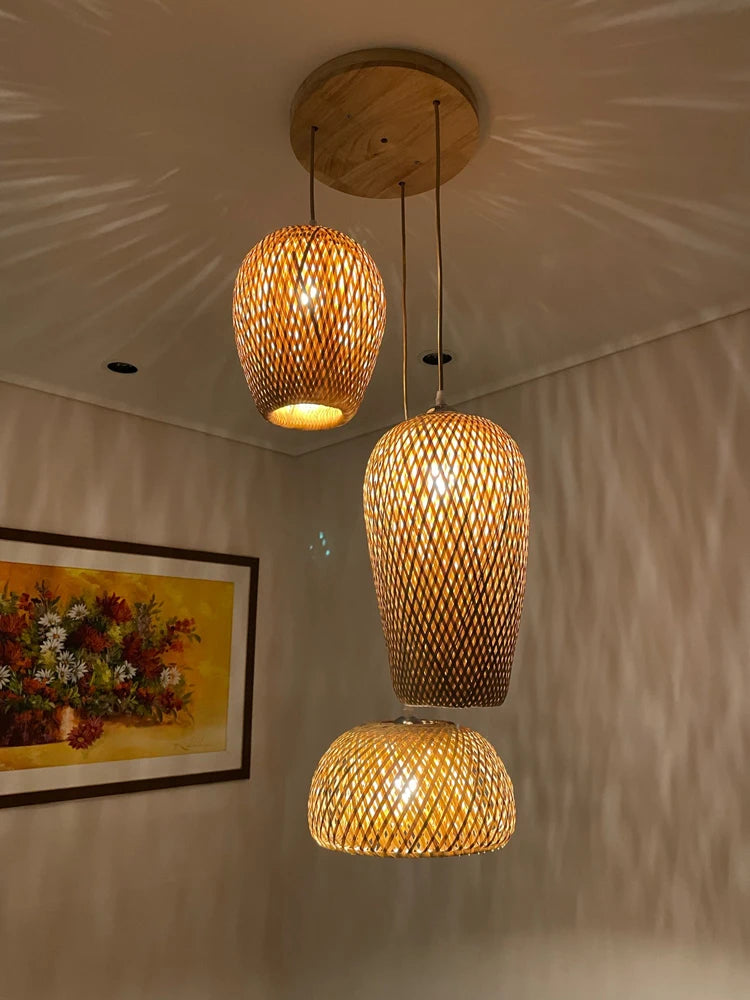 lustre style chinois fait main en bambou tissage pastoral vintage - vue 5 sur 30