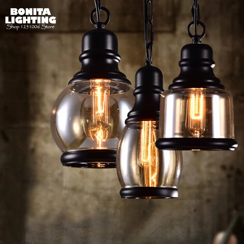 suspension industrielle rétro en verre ambré avec corde de chanvre - vue 1 sur 6