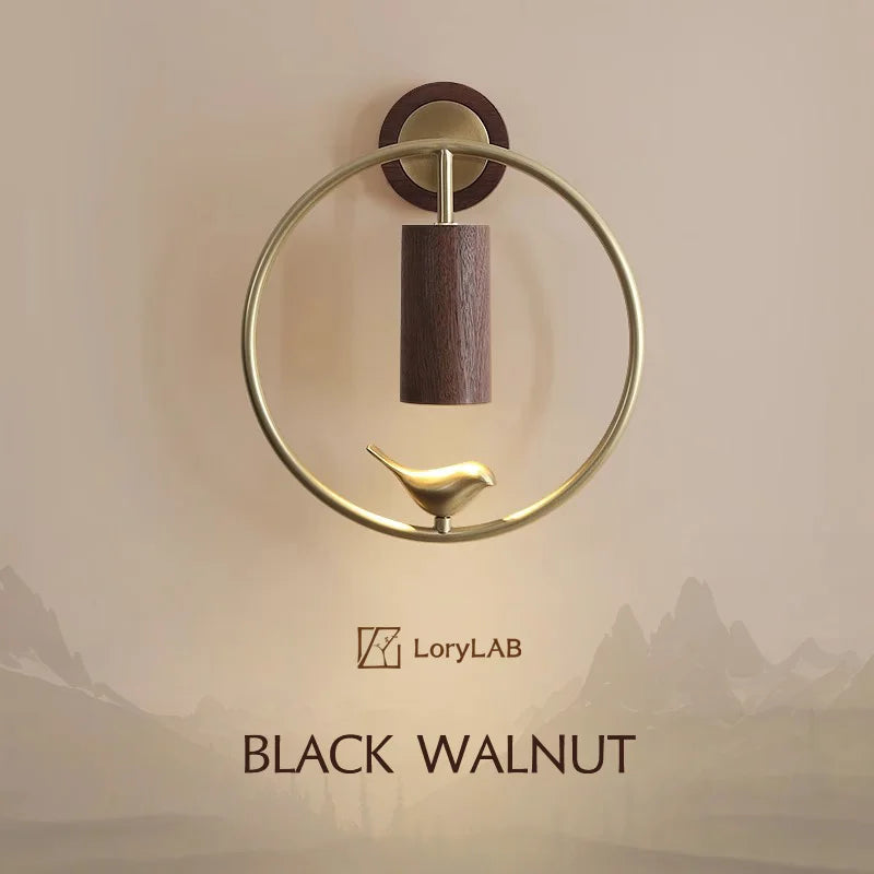 Walnut Wood Circle Brass bird, Wabi-sabi Modern style, Wall Sconce light for Bedroom, Bedside, Living, Recreation, Study - vue 1 sur 8