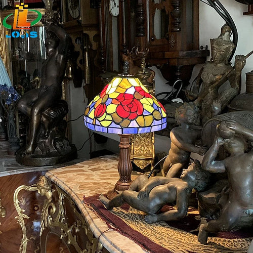 lampe de chevet style tiffany avec fleurs rouges émaillées antique - vue 5 sur 6