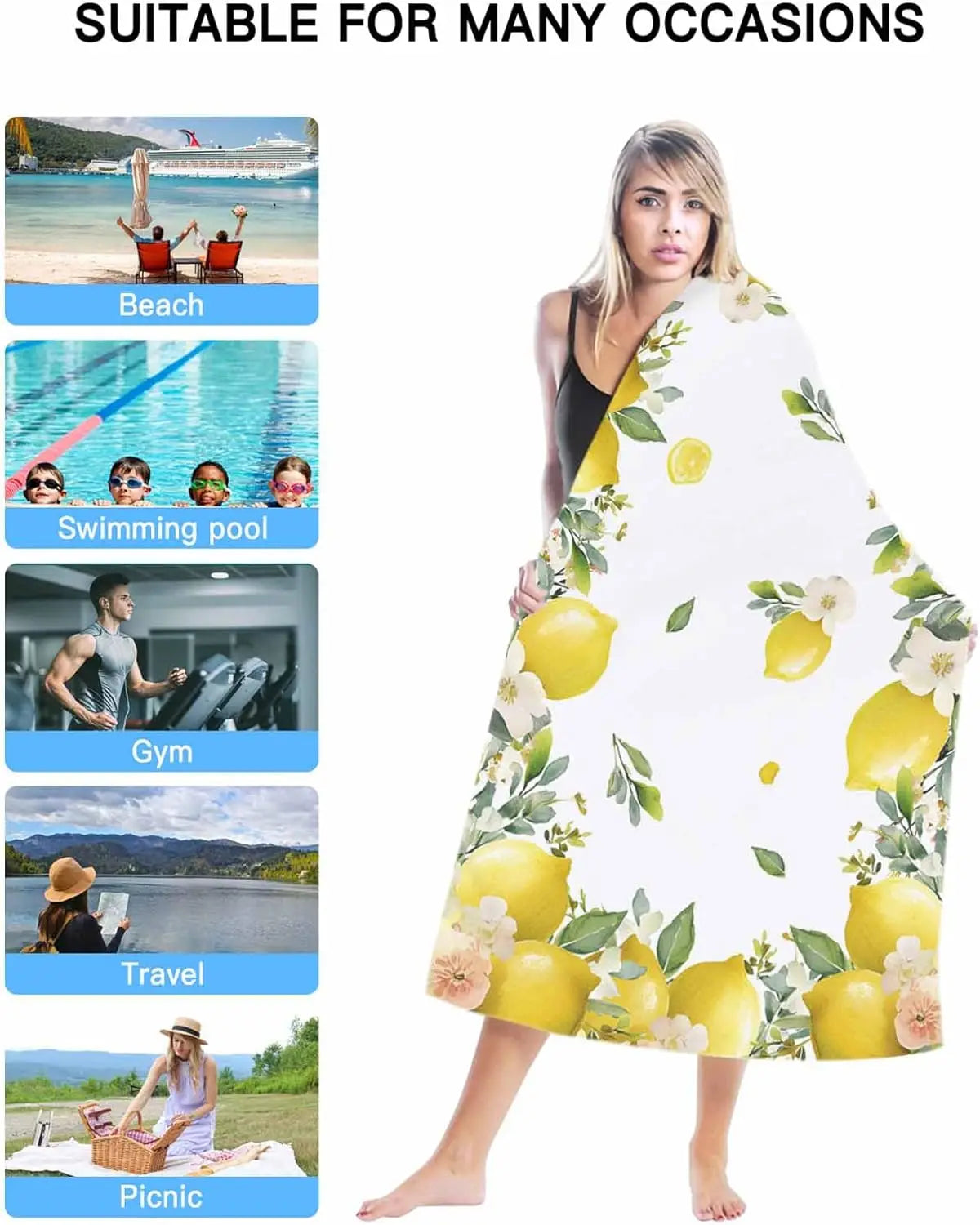 Serviette de bain microfibre motif citron floral plage - vue 2 sur 6