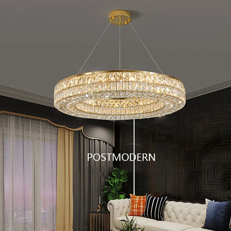 Lumière moderne luxe doré rond plafond lustre en cristal salon intérieur créatif anneau lumière LED lumineuse lustre - vue 3 sur 16