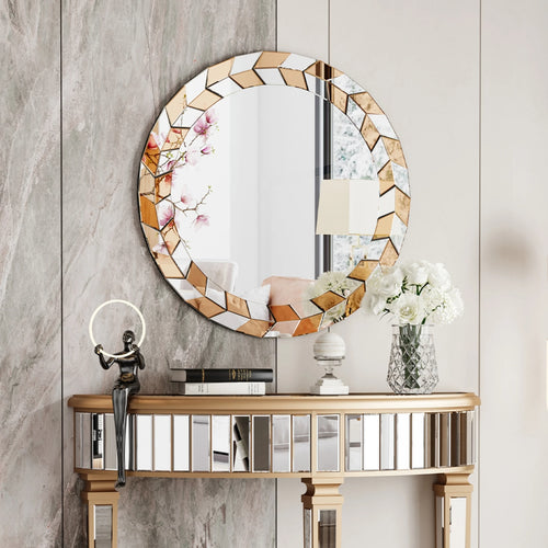 grand miroir décoratif rond avec cadre en verre biseauté style moderne - vue 3 sur 7