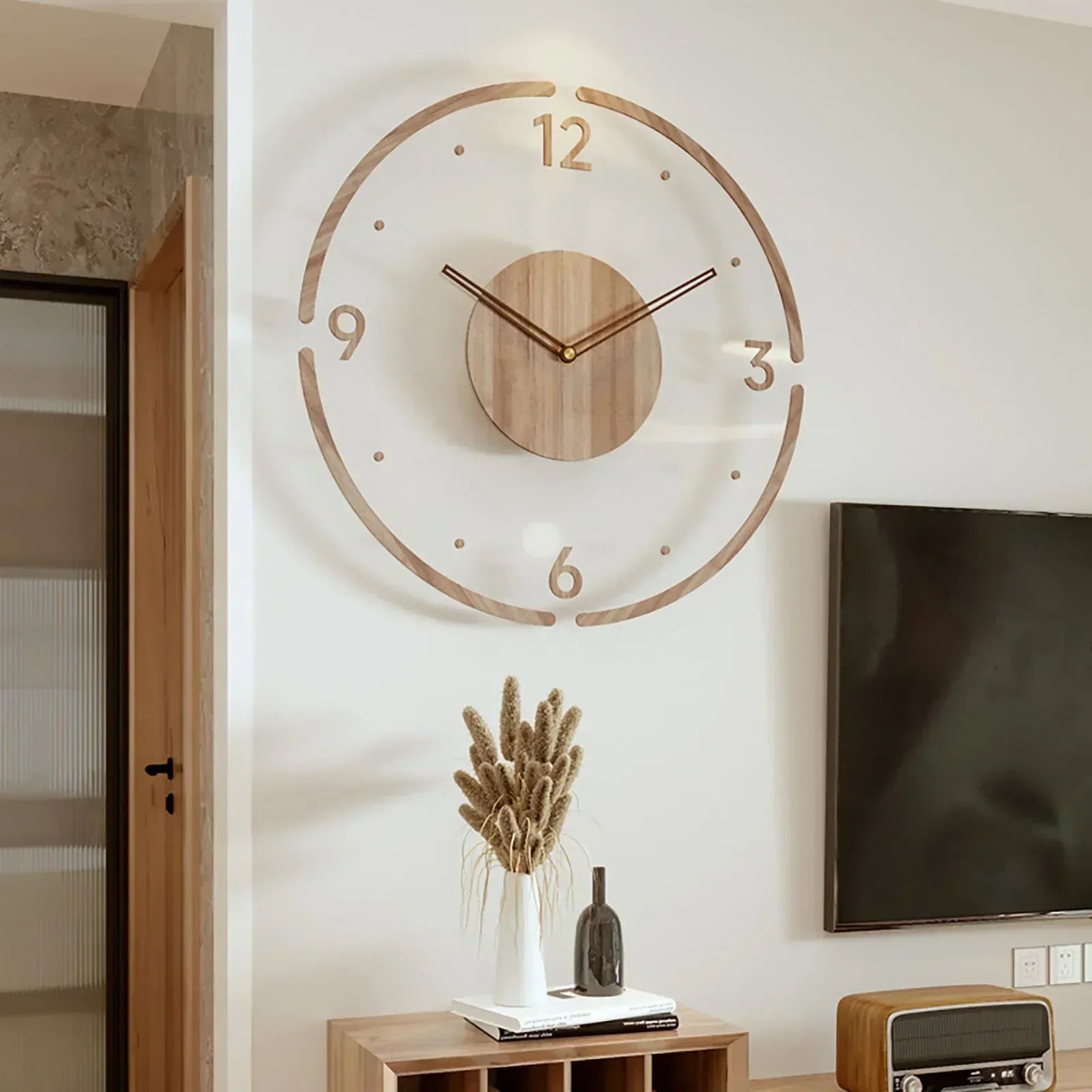 horloge murale silencieuse en bois massif design nordique créatif - vue 3 sur 12