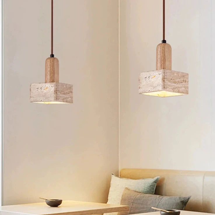 Lampe suspension LED carré en pierre lustre chambre chevet Style crème en bois massif rétro lumière E27 ampoule pour salon maison Bar - vue 3 sur 7