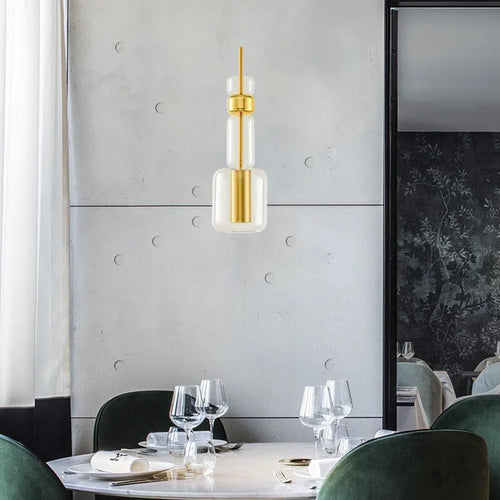 suspension moderne en verre transparent avec métal doré et noir - vue 2 sur 8