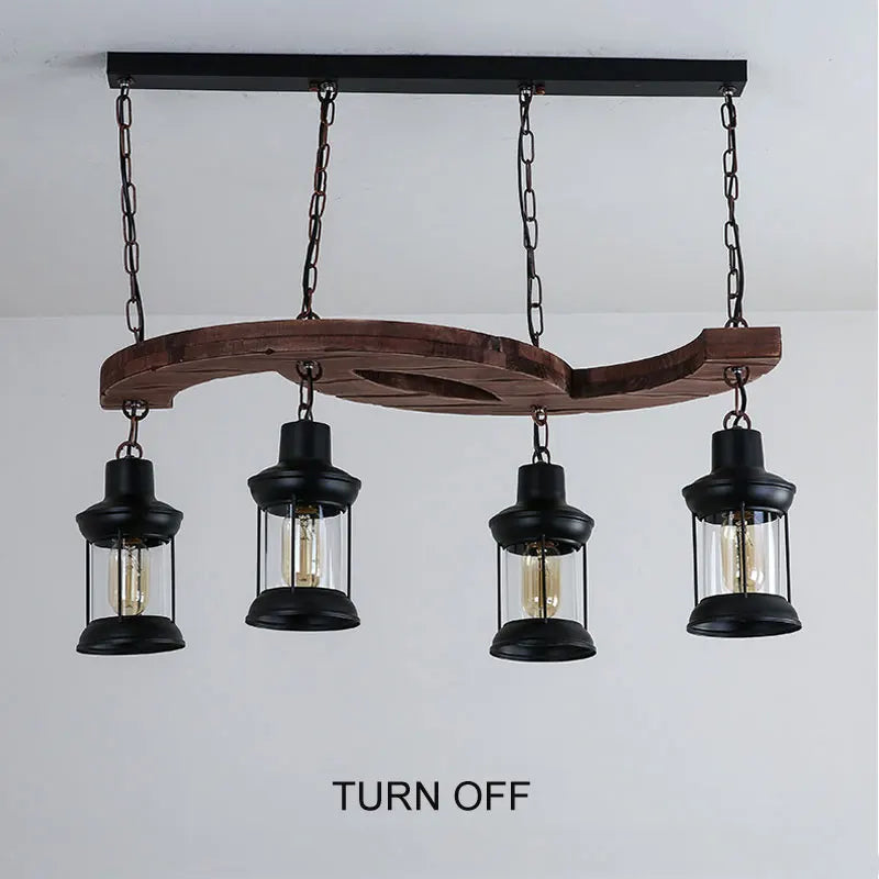 lustre industriel rétro 4 têtes en bois et fer pour café bar loft - vue 4 sur 7