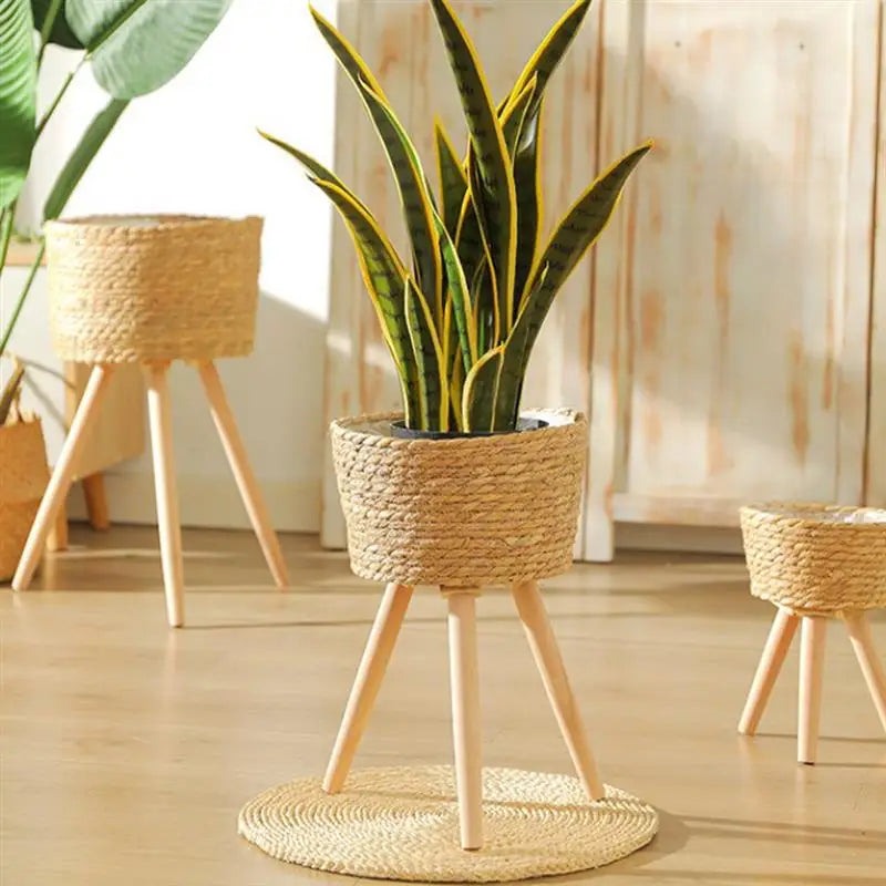 panier de fleurs en bois tressé sur pieds décoratif - vue 3 sur 8
